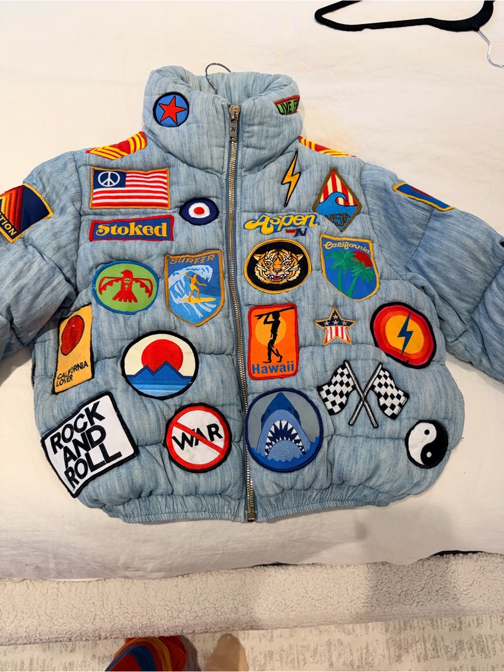 Aviator Nation Light Blue Quilted Puffer Jacket with Multicolor Patchwork